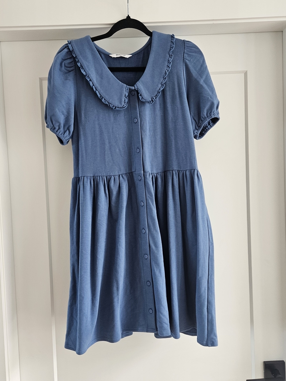Smash + Tess Dusty Blue Button-Front Mini Dress with Ruffled Peter Collar